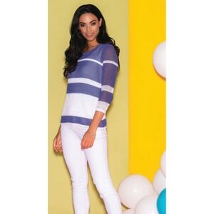 Elena Wang Open Knit Sweater Large Blue White Striped Lightweight Beachy Boho